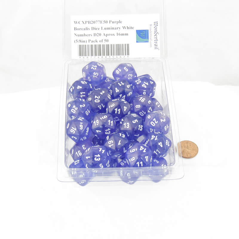 WCXPB2077E50 Purple Borealis Dice Luminary White Numbers D20 Aprox 16mm (5/8in) Pack of 50 (ONLINE ORDER ONLY)