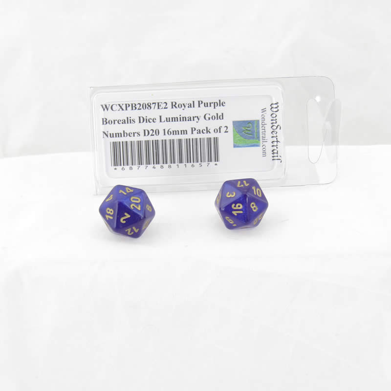 WCXPB2087E2 Royal Purple Borealis Dice Luminary Gold Numbers D20 16mm Pack of 2 (ONLINE ORDER ONLY)