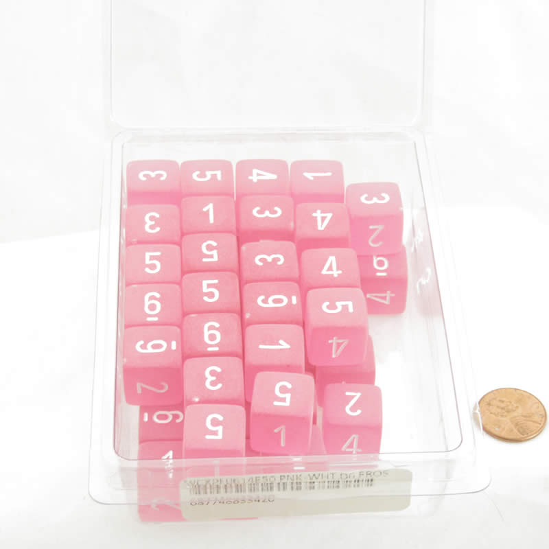 WCXPF0614E50 Pink Frosted Dice with White Numbers D6 Aprox 16mm (5/8in) Pack of 50 (ONLINE ORDER ONLY)