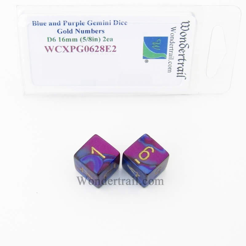 WCXPG0628E2 Blue Purple Gemini Dice Gold Numbers D6 16mm Pack of 2 (ONLINE ORDER ONLY)