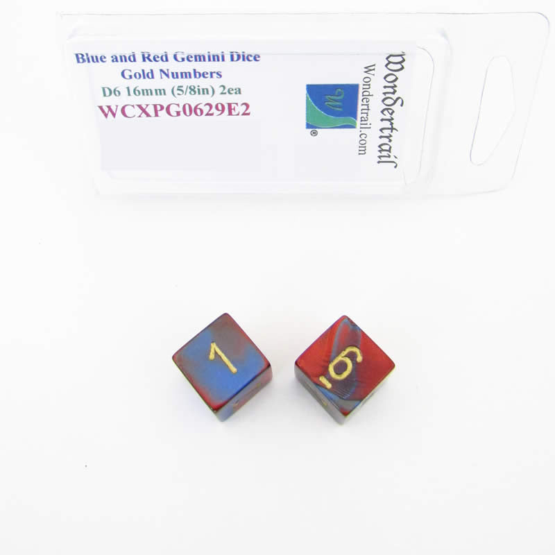 WCXPG0629E2 Blue Red Gemini Dice Gold Numbers D6 16mm Pack of 2 (ONLINE ORDER ONLY)
