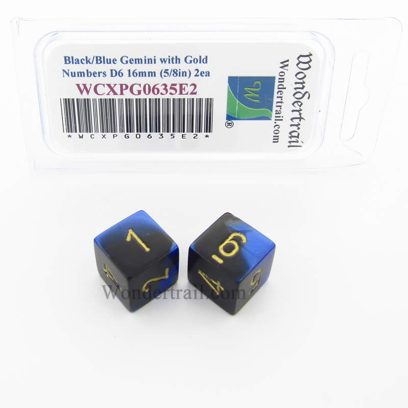 WCXPG0635E2 Black Blue Gemini Dice Gold Numbers D6 16mm Pack of 2 (ONLINE ORDER ONLY)
