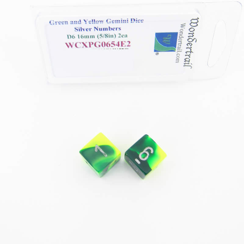 WCXPG0654E2 Green Yellow Gemini Dice Silver Numbers D6 16mm Pack of 2 (ONLINE ORDER ONLY)