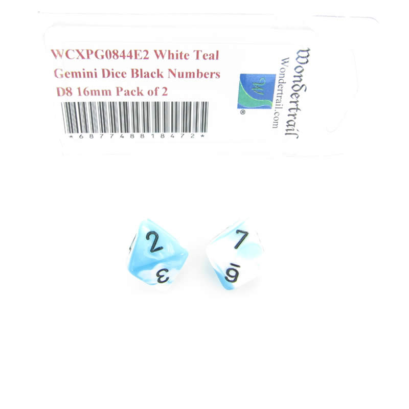 WCXPG0844E2 White Teal Gemini Dice Black Numbers D8 16mm Pack of 2 (ONLINE ORDER ONLY)