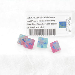 WCXPG0864E4 Gel Green and Pink Gemini Luminary Dice Blue Numbers D8 16mm (5/8in) Pack of 4 (ONLINE ORDER ONLY)