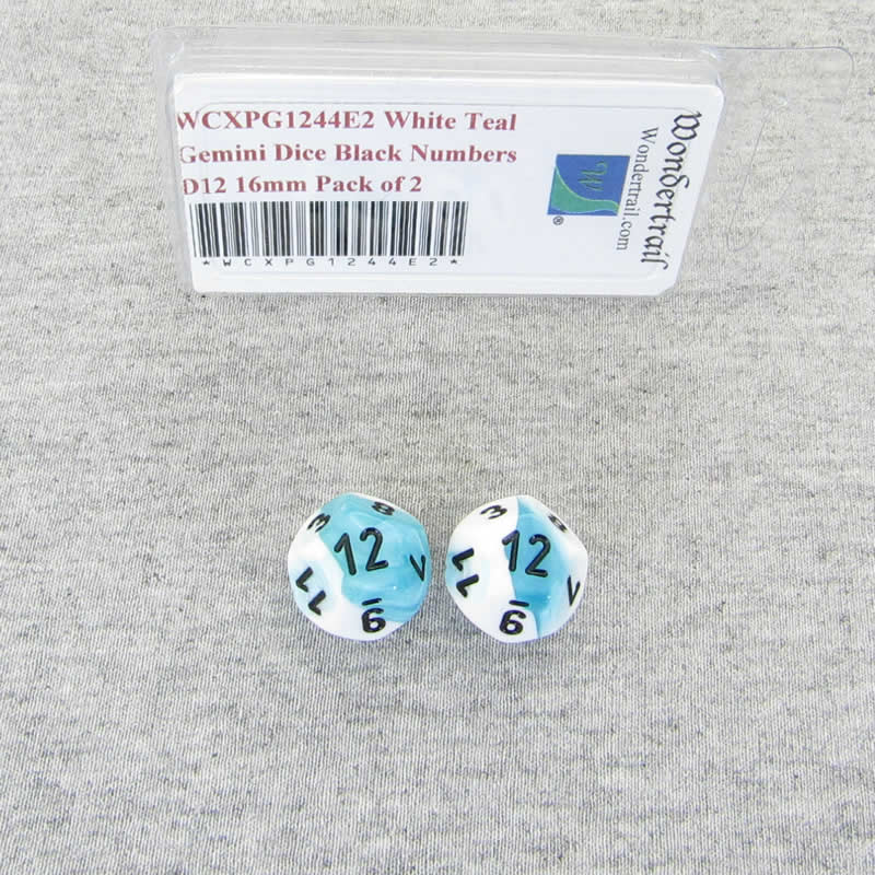 WCXPG1244E2 White Teal Gemini Dice Black Numbers D12 16mm Pack of 2 (ONLINE ORDER ONLY)
