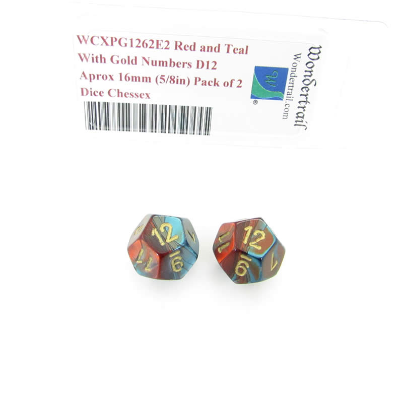 WCXPG1262E2 Red Teal Gemini Dice Gold Numbers D12 16mm Pack of 2 (ONLINE ORDER ONLY)