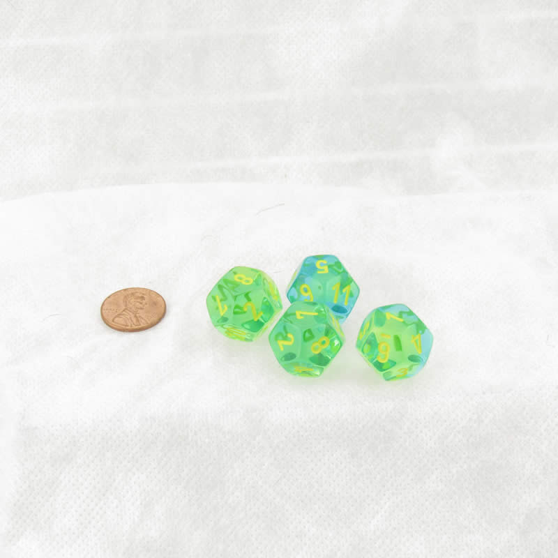 WCXPG1266E4 Green and Teal Translucent Gemini Dice with Yellow Numbers D12 Aprox 16mm (5/8in) Pack of 4 (ONLINE ORDER ONLY)