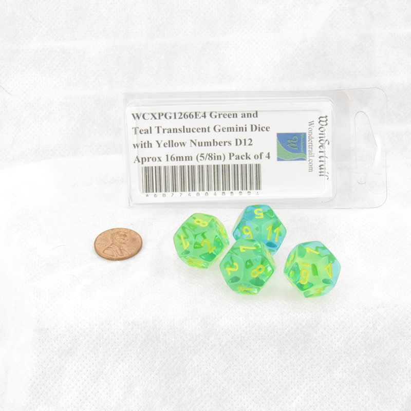WCXPG1266E4 Green and Teal Translucent Gemini Dice with Yellow Numbers D12 Aprox 16mm (5/8in) Pack of 4 (ONLINE ORDER ONLY)