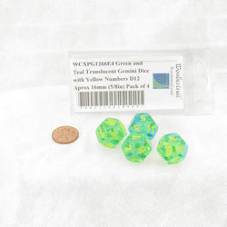 WCXPG1266E4 Green and Teal Translucent Gemini Dice with Yellow Numbers D12 Aprox 16mm (5/8in) Pack of 4 (ONLINE ORDER ONLY)
