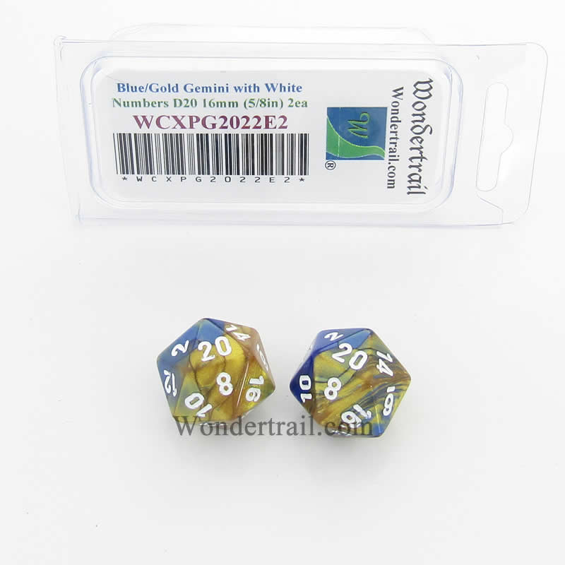 WCXPG2022E2 Blue Gold Gemini Dice White Numbers D20 16mm Pack of 2 (ONLINE ORDER ONLY)