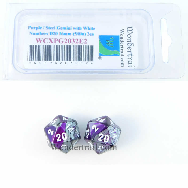WCXPG2032E2 Purple Steel Gemini Dice White Numbers D20 16mm Pack of 2 (ONLINE ORDER ONLY)