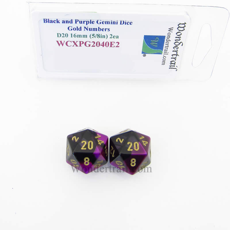 WCXPG2040E2 Black Purple Gemini Dice Gold Numbers D20 16mm Pack of 2 (ONLINE ORDER ONLY)