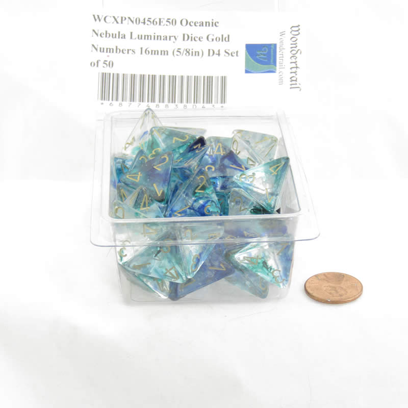 WCXPN0456E50 Oceanic Nebula Luminary Dice Gold Numbers 16mm (5/8in) D4 Set of 50 (ONLINE ORDER ONLY)