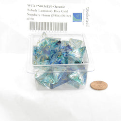 WCXPN0456E50 Oceanic Nebula Luminary Dice Gold Numbers 16mm (5/8in) D4 Set of 50 (ONLINE ORDER ONLY)