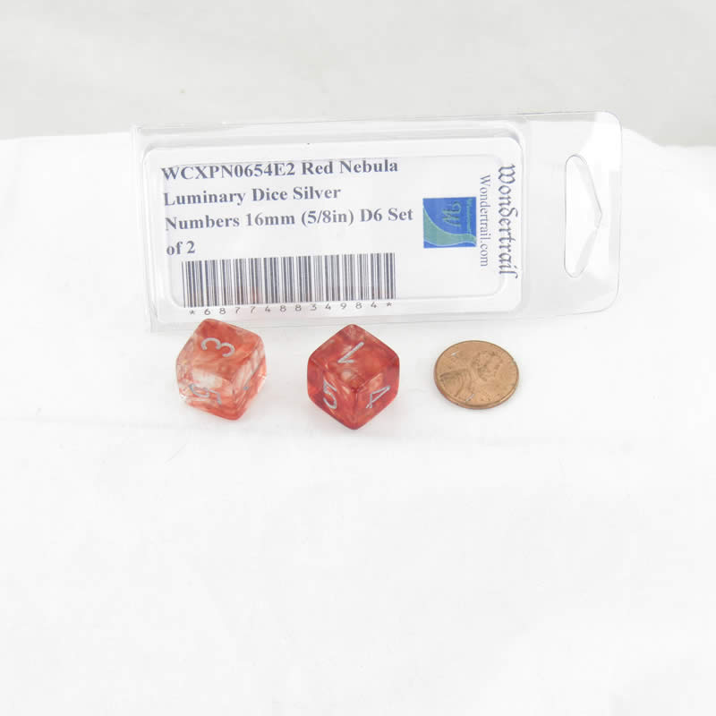 WCXPN0654E2 Red Nebula Luminary Dice Silver Numbers 16mm (5/8in) D6 Set of 2 (ONLINE ORDER ONLY)