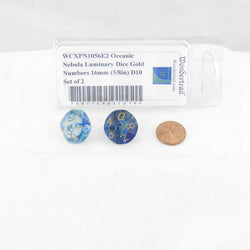 WCXPN1056E2 Oceanic Nebula Luminary Dice Gold Numbers 16mm (5/8in) D10 Set of 2 (ONLINE ORDER ONLY)