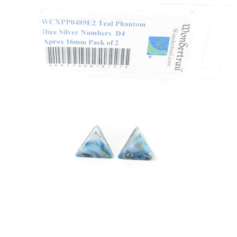 WCXPP0489E2 Teal Phantom Dice Gold Numbers  D4 Aprox 16mm Pack of 2 (ONLINE ORDER ONLY)