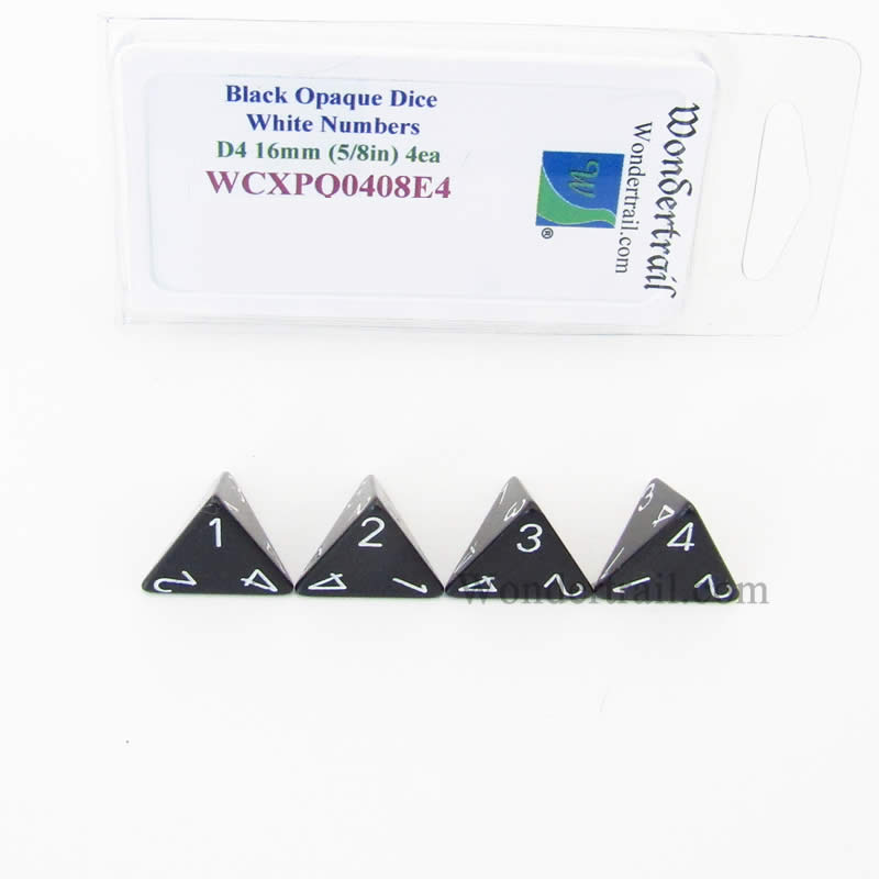 WCXPQ0408E4 Black Opaque Dice White Numbers D4 16mm Pack of 4 (ONLINE ORDER ONLY)