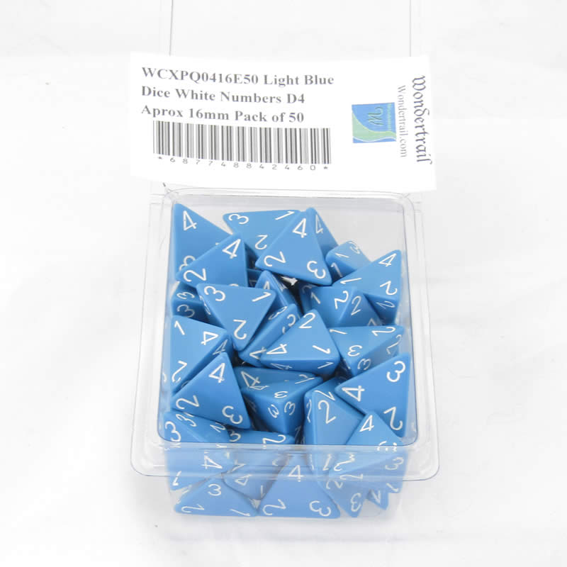 WCXPQ0416E50 Light Blue Dice White Numbers D4 Aprox 16mm Pack of 50 (ONLINE ORDER ONLY)