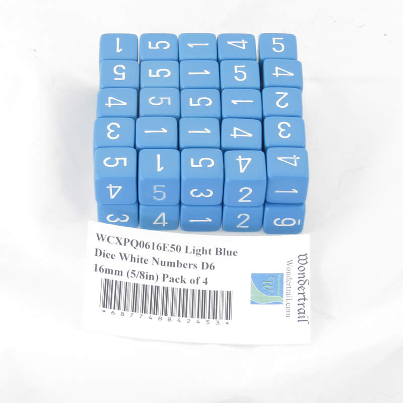 WCXPQ0616E50 Light Blue Dice White Numbers D6 16mm (5/8in) Pack of 50 (ONLINE ORDER ONLY)