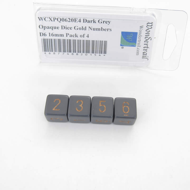 WCXPQ0620E4 Dark Grey Opaque Dice Gold Numbers D6 16mm Pack of 4 (ONLINE ORDER ONLY)