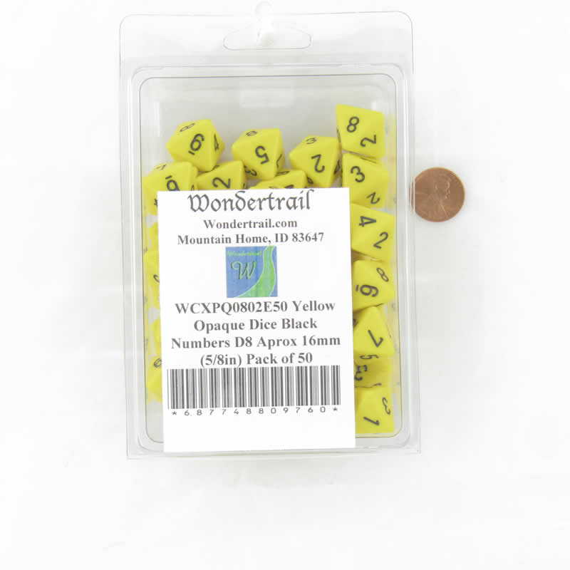 WCXPQ0802E50 Yellow Opaque Dice Black Numbers D8 Aprox 16mm (5/8in) Pack of 50 (ONLINE ORDER ONLY)