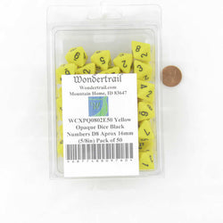 WCXPQ0802E50 Yellow Opaque Dice Black Numbers D8 Aprox 16mm (5/8in) Pack of 50 (ONLINE ORDER ONLY)