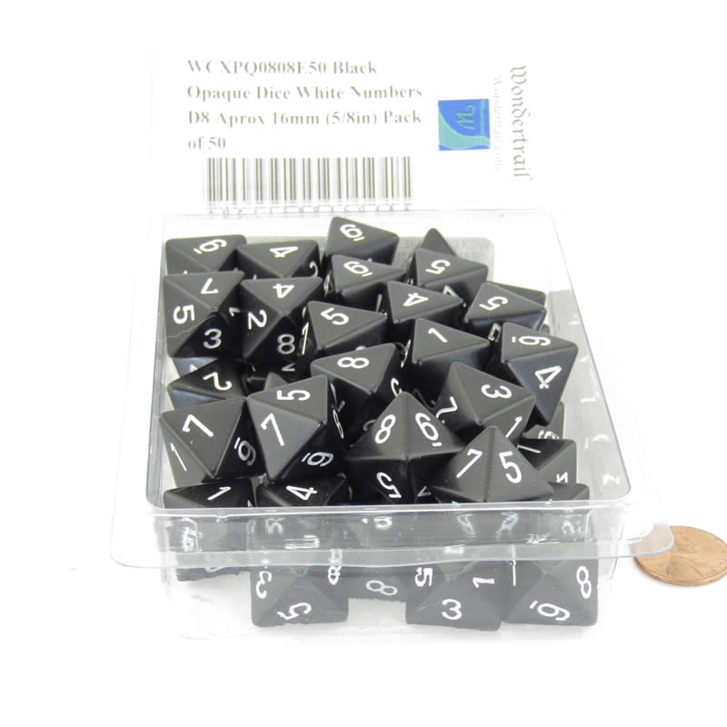 WCXPQ0808E50 Black Opaque Dice White Numbers D8 Aprox 16mm (5/8in) Pack of 50 (ONLINE ORDER ONLY)