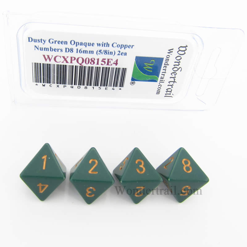 WCXPQ0815E4 Dusty Green Opaque Dice with Copper Numbers D8 Aprox 16mm (5/8in) Pack of 4 (ONLINE ORDER ONLY)