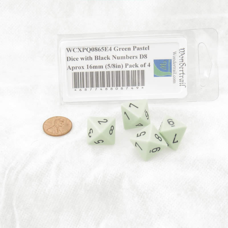 WCXPQ0865E4 Green Pastel Dice with Black Numbers D8 Aprox 16mm (5/8in) Pack of 4 (ONLINE ORDER ONLY)