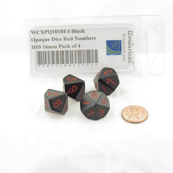 WCXPQ1018E4 Black Opaque Dice Red Numbers D10 16mm Pack of 4 (ONLINE ORDER ONLY)