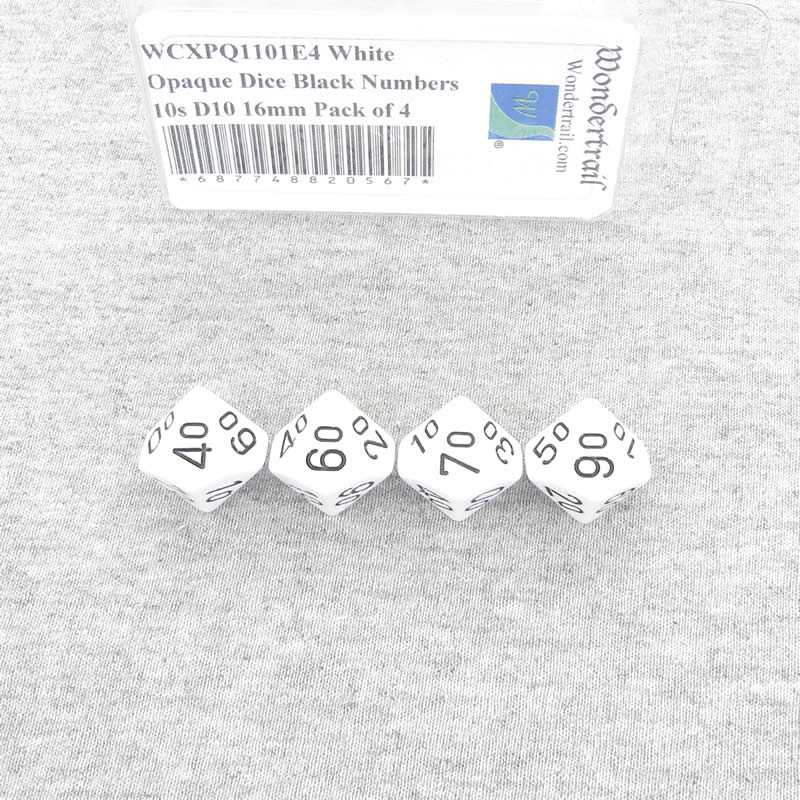 WCXPQ1101E4 White Opaque Dice Black Numbers 10s D10 16mm Pack of 4 (ONLINE ORDER ONLY)