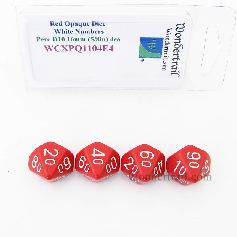 WCXPQ1104E4 Red Opaque Dice White Numbers 10s D10 16mm Pack of 4 (ONLINE ORDER ONLY)
