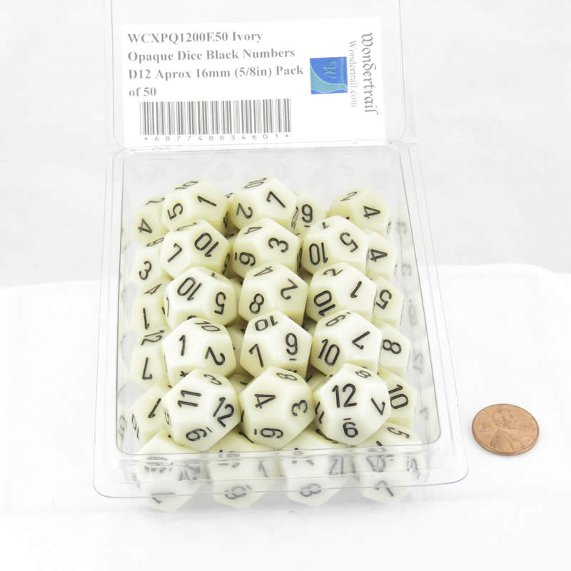 WCXPQ1200E50 Ivory Opaque Dice Black Numbers D12 Aprox 16mm (5/8in) Pack of 50 (ONLINE ORDER ONLY)
