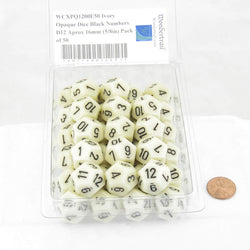 WCXPQ1200E50 Ivory Opaque Dice Black Numbers D12 Aprox 16mm (5/8in) Pack of 50 (ONLINE ORDER ONLY)