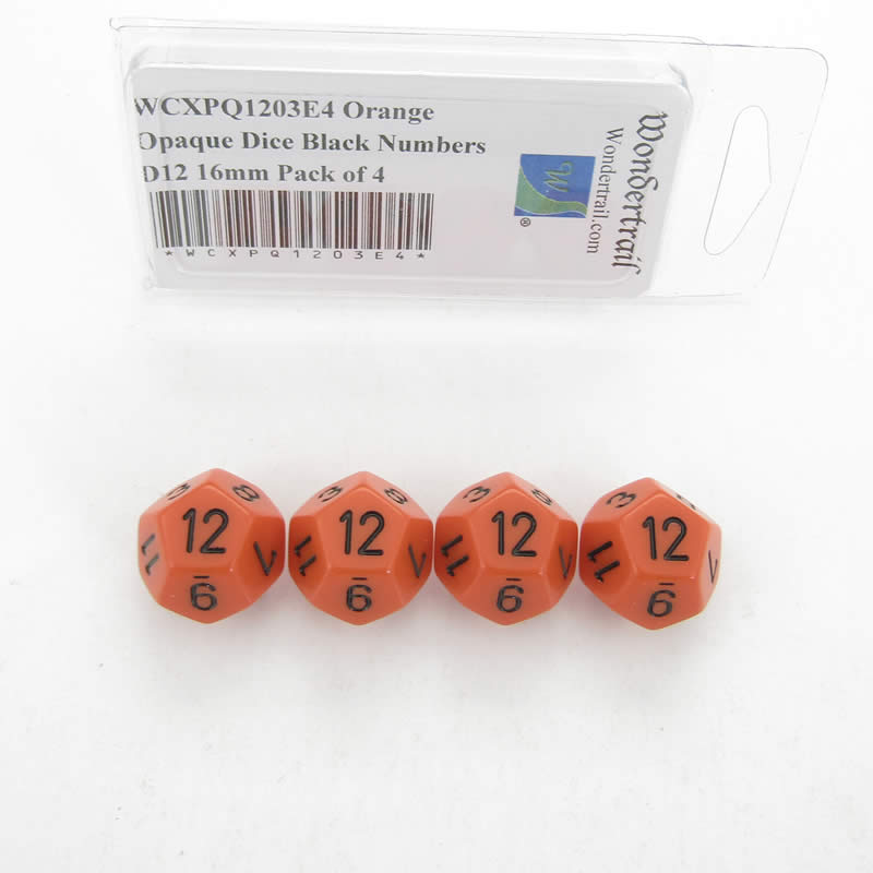 WCXPQ1203E4 Orange Opaque Dice Black Numbers D12 16mm Pack of 4 (ONLINE ORDER ONLY)