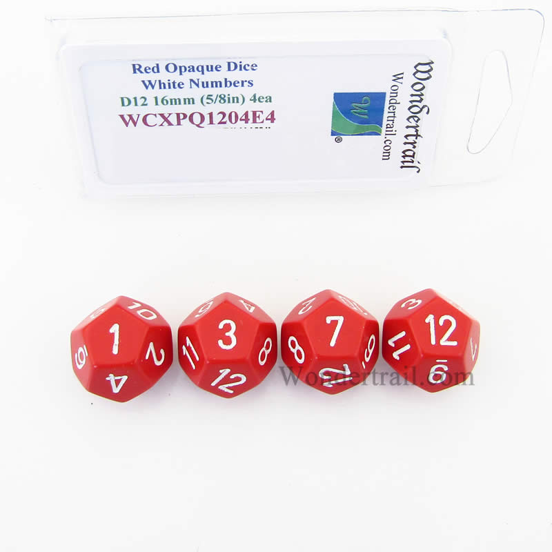 WCXPQ1204E4 Red Opaque Dice White Numbers D12 16mm Pack of 4 (ONLINE ORDER ONLY)