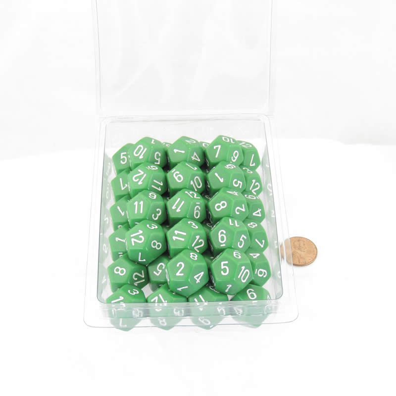 WCXPQ1205E50 Green Opaque Dice White Numbers D12 Aprox 16mm (5/8in) Pack of 50 (ONLINE ORDER ONLY)