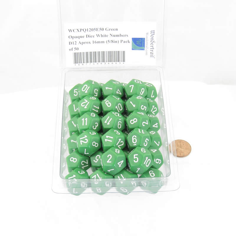 WCXPQ1205E50 Green Opaque Dice White Numbers D12 Aprox 16mm (5/8in) Pack of 50 (ONLINE ORDER ONLY)