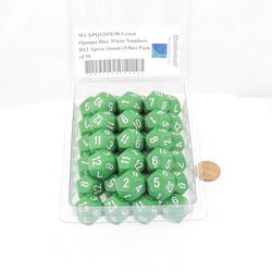 WCXPQ1205E50 Green Opaque Dice White Numbers D12 Aprox 16mm (5/8in) Pack of 50 (ONLINE ORDER ONLY)