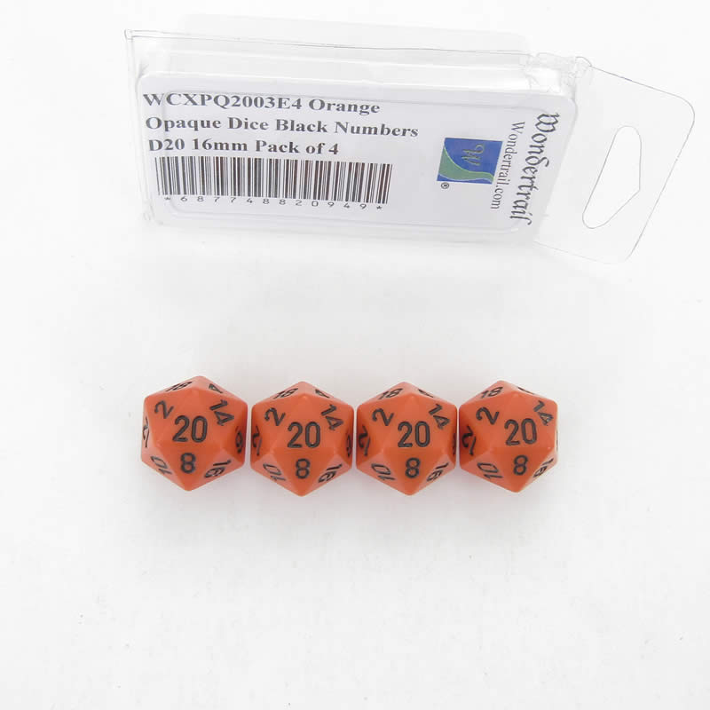 WCXPQ2003E4 Orange Opaque Dice Black Numbers D20 16mm Pack of 4 (ONLINE ORDER ONLY)