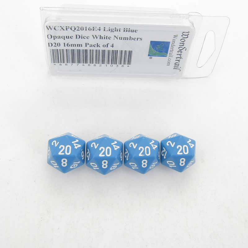 WCXPQ2016E4 Light Blue Opaque Dice White Numbers D20 16mm Pack of 4 (ONLINE ORDER ONLY)