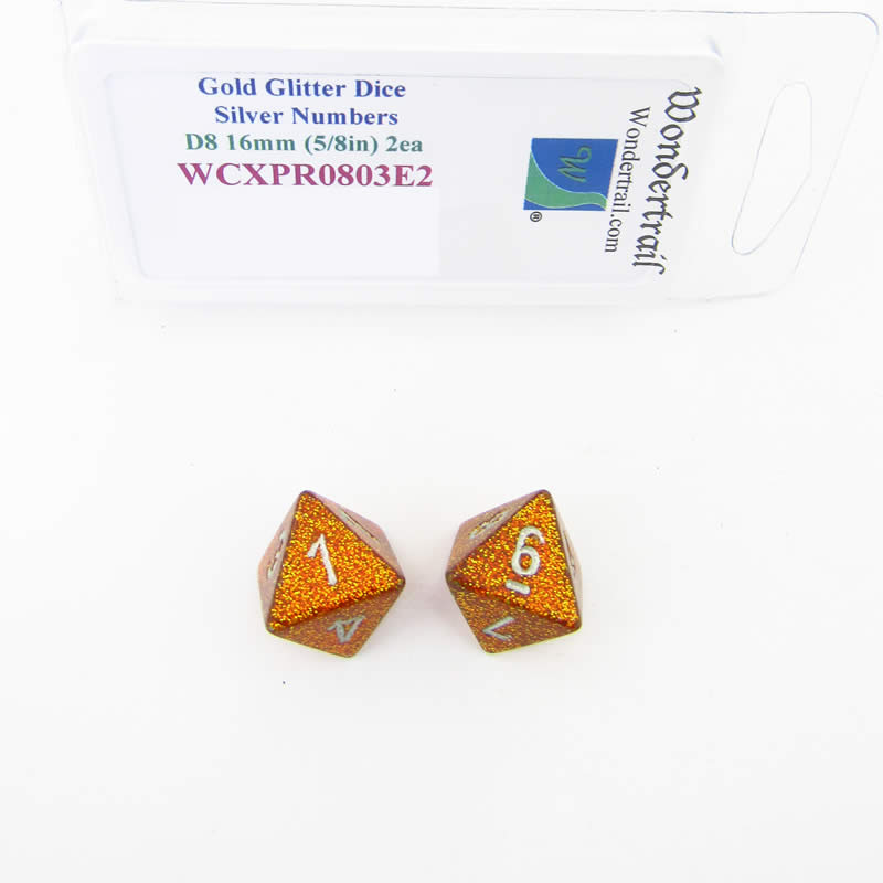 WCXPR0803E2 Gold Glitter Dice Silver Numbers D8 16mm (5/8in) Pack of 2 (ONLINE ORDER ONLY)