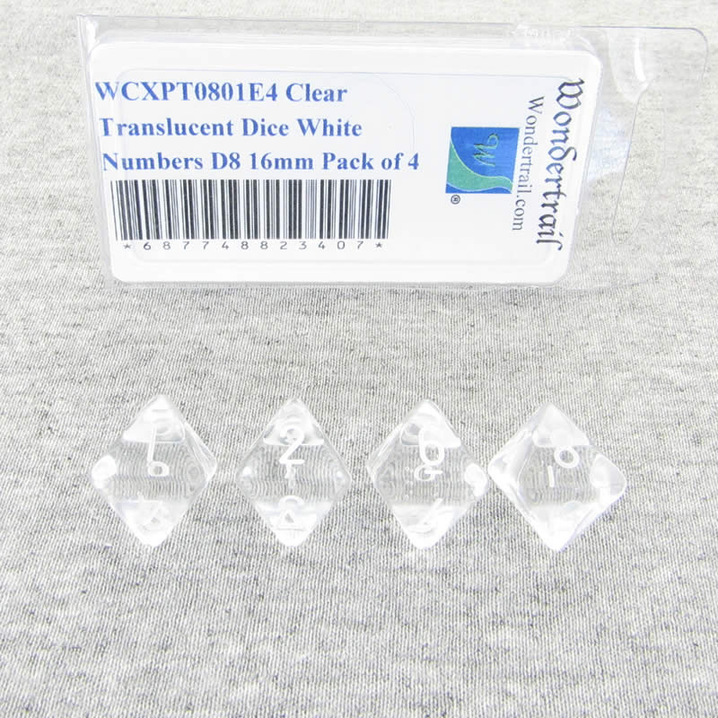 WCXPT0801E4 Clear Translucent Dice White Numbers D8 16mm Pack of 4 (ONLINE ORDER ONLY)