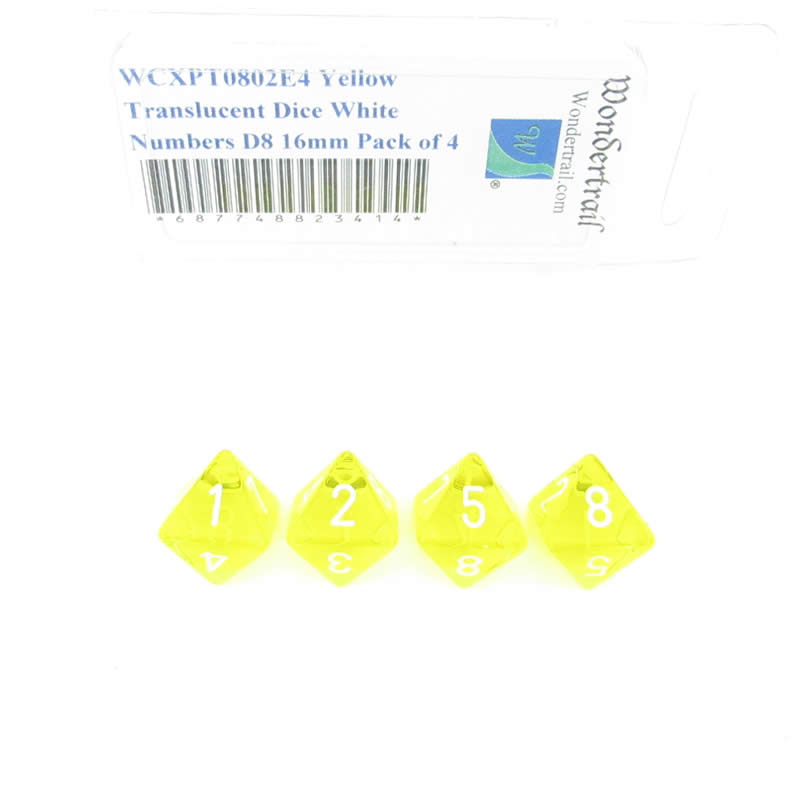WCXPT0802E4 Yellow Translucent Dice White Numbers D8 16mm Pack of 4 (ONLINE ORDER ONLY)