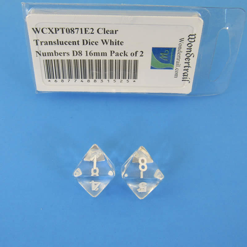 WCXPT0871E2 Clear Translucent Dice White Numbers D8 16mm Pack of 2 (ONLINE ORDER ONLY)