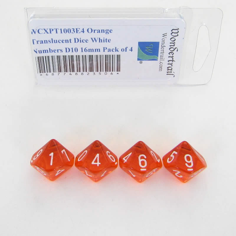 WCXPT1003E4 Orange Translucent Dice White Numbers D10 16mm Pack of 4 (ONLINE ORDER ONLY)