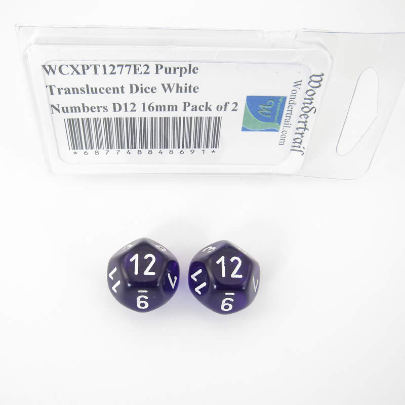 WCXPT1277E2 Purple Translucent Dice White Numbers D12 16mm Pack of 2 (ONLINE ORDER ONLY)