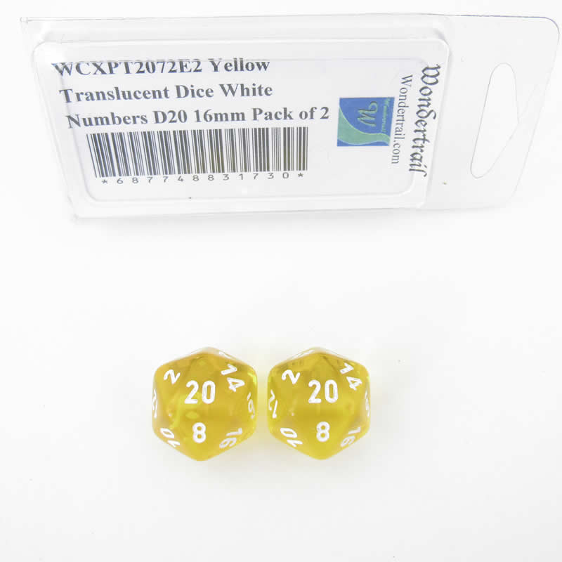 WCXPT2072E2 Yellow Translucent Dice White Numbers D20 16mm Pack of 2 (ONLINE ORDER ONLY)